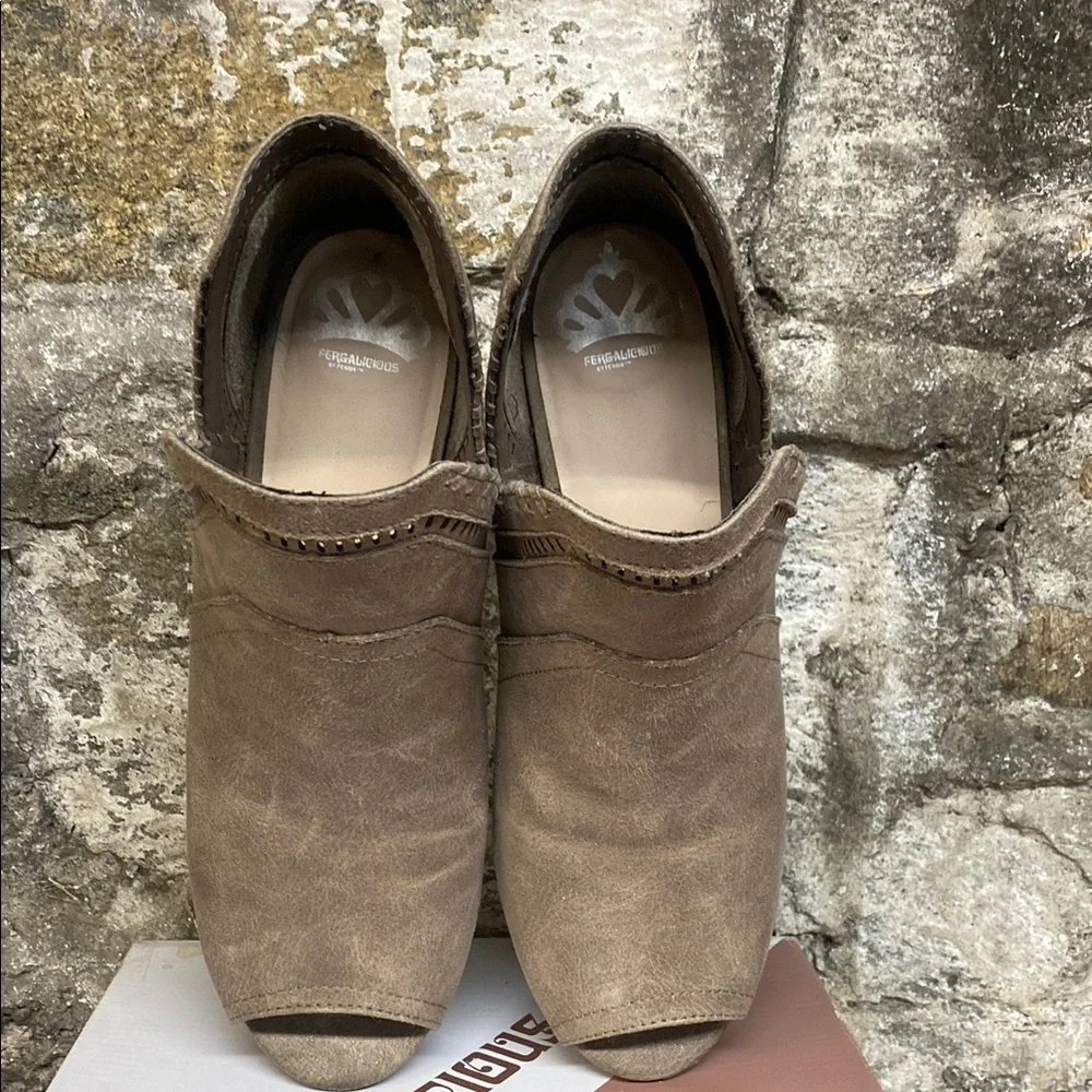 Fergalicious Women's Tan Peep Toe Booties